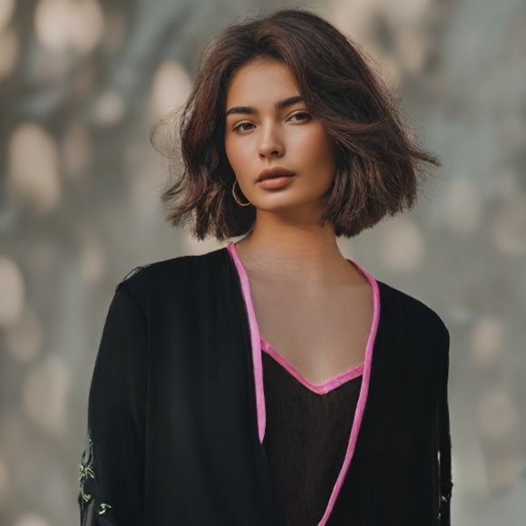 Oscar de la Renta Pink Label Black Sheer Pink Floral Accent Kimono Robe,… - Picture 3 of 9